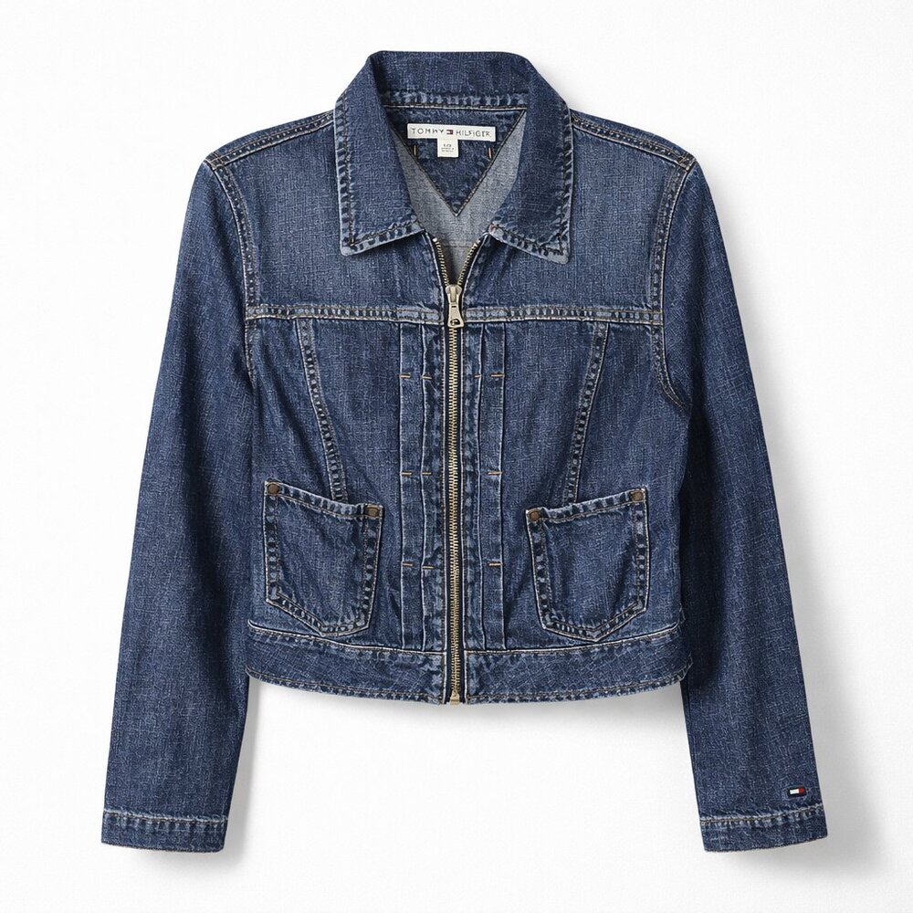 Tommy Hilfiger Zip Front Denim Jacket Women’s L Blue Jean Fitted Vintage Style